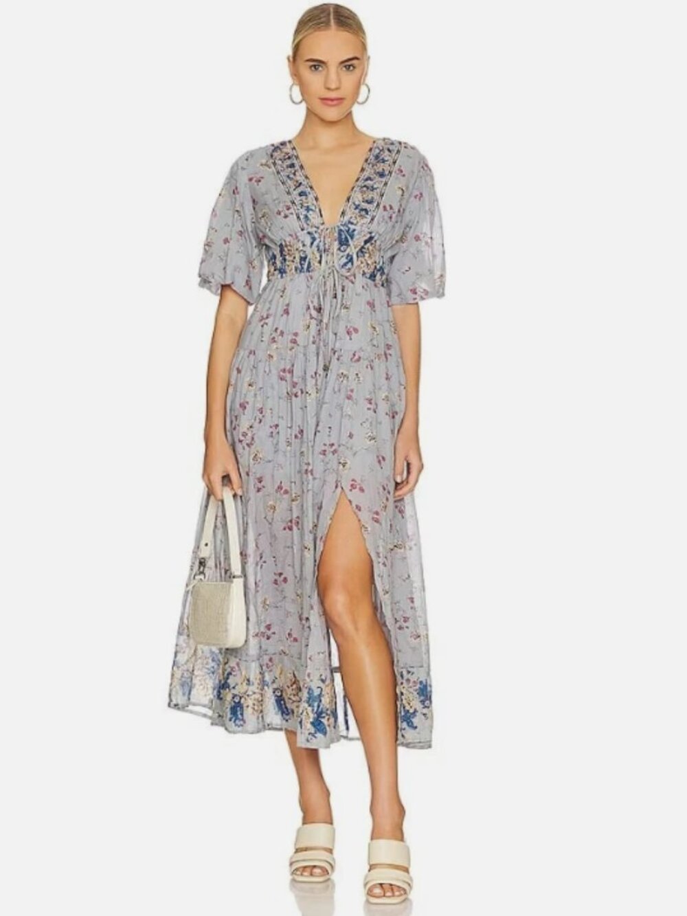 Free People Lysette Maxi Dress Boho Printed Slit Front Medium